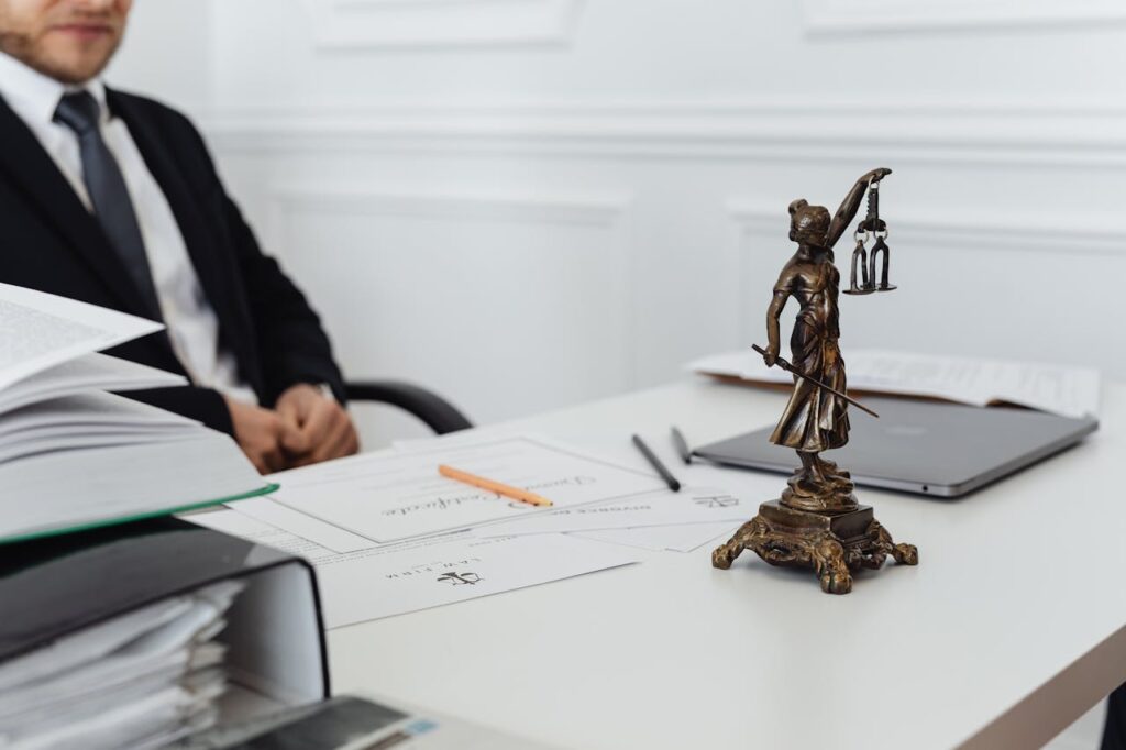 A lawyer reviews legal documents.